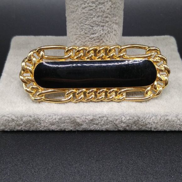 Vintage Monet Black Enamel Brooch, Gold Plated, Chain Design - Picture 4 of 10